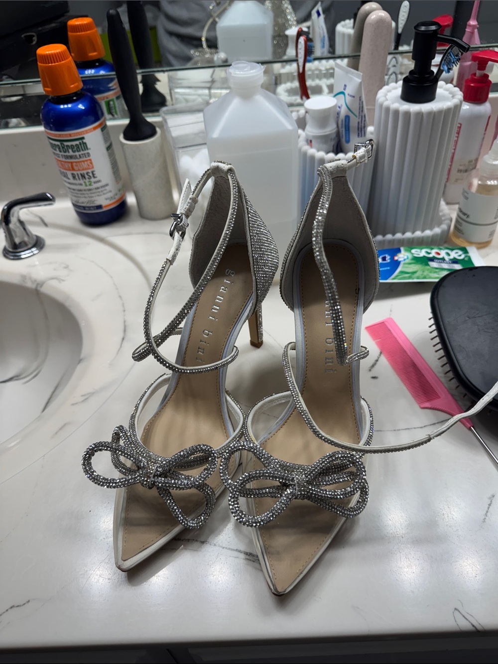 Gianni Bini Silver Crystal Bow Ankle-Strap Heels